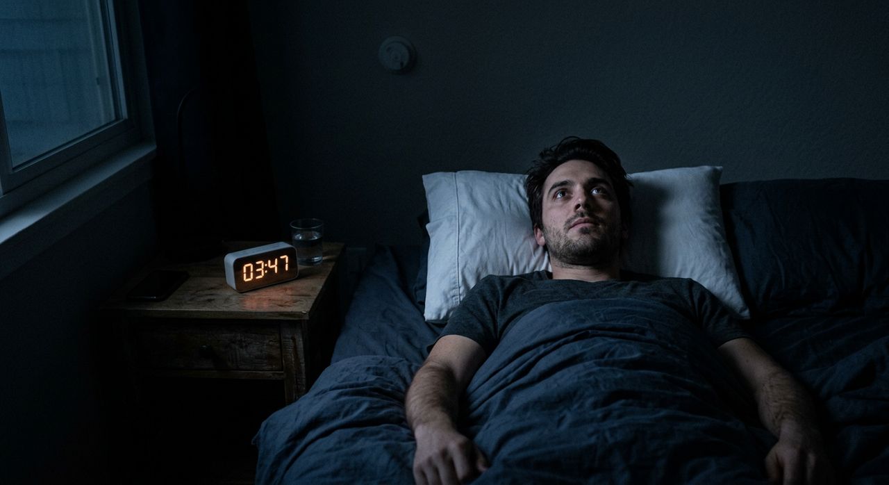 Homme éveillé dans son lit, les yeux ouverts, un réveil affichant 03:47 sur la table de nuit
