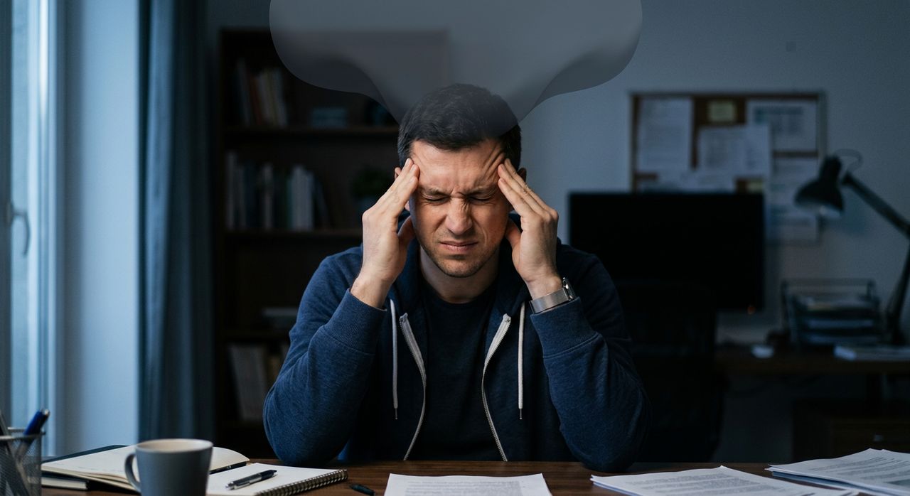 Homme tendu à son bureau, la tête entre les mains, face à son ordinateur